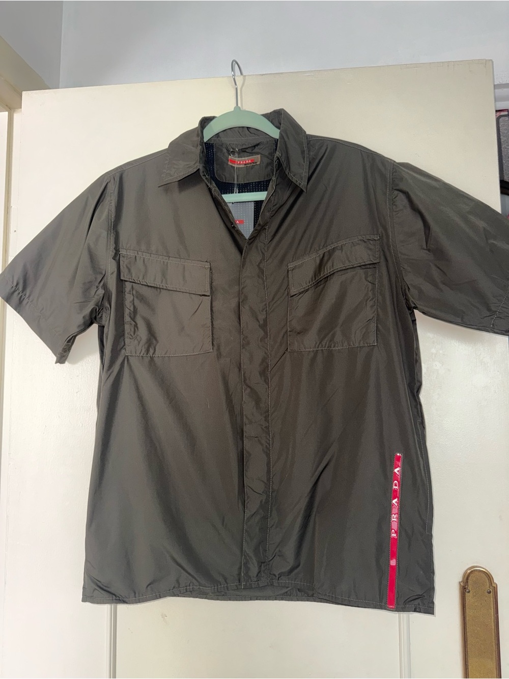 NWT! PRADA Men’s M Green Nylon Mesh Short Sleeve Button-Up Shirt Pockets NG14